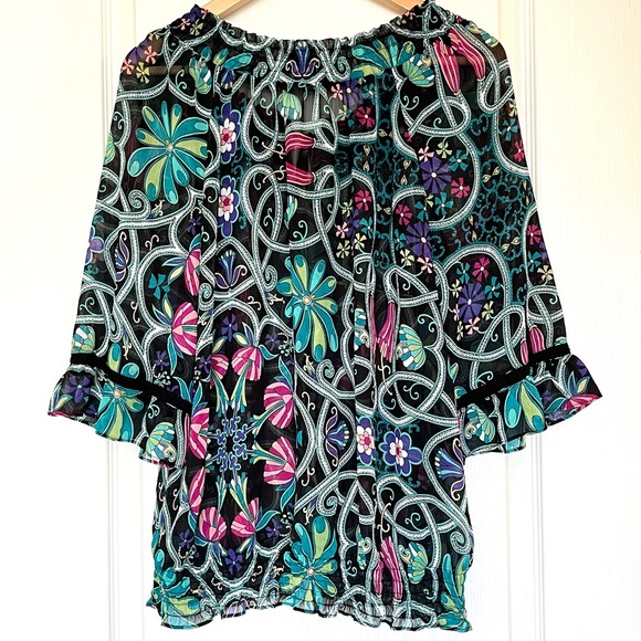 Nicole Miller Black Boho Floral Peasant Blouse Multi-Colour Sz M Renaissance Y2K - Picture 4 of 15